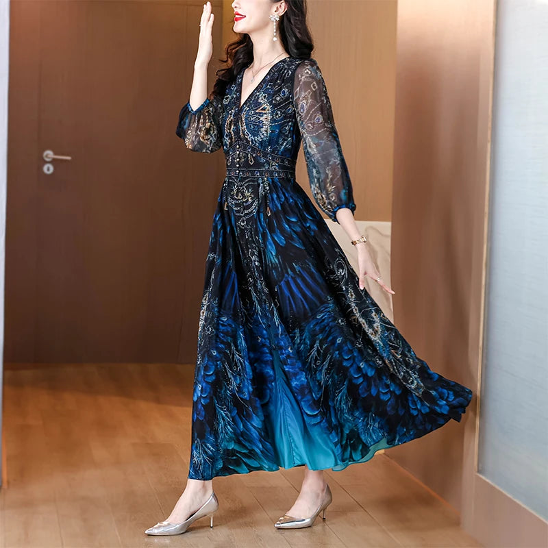 Vacanza primaverile Boho Beach Hepburn Maxi Abiti 2025 Stampa vintage da donna Elegante abito da sera estivo in seta di lusso