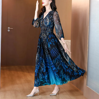 Vacanza primaverile Boho Beach Hepburn Maxi Abiti 2025 Stampa vintage da donna Elegante abito da sera estivo in seta di lusso