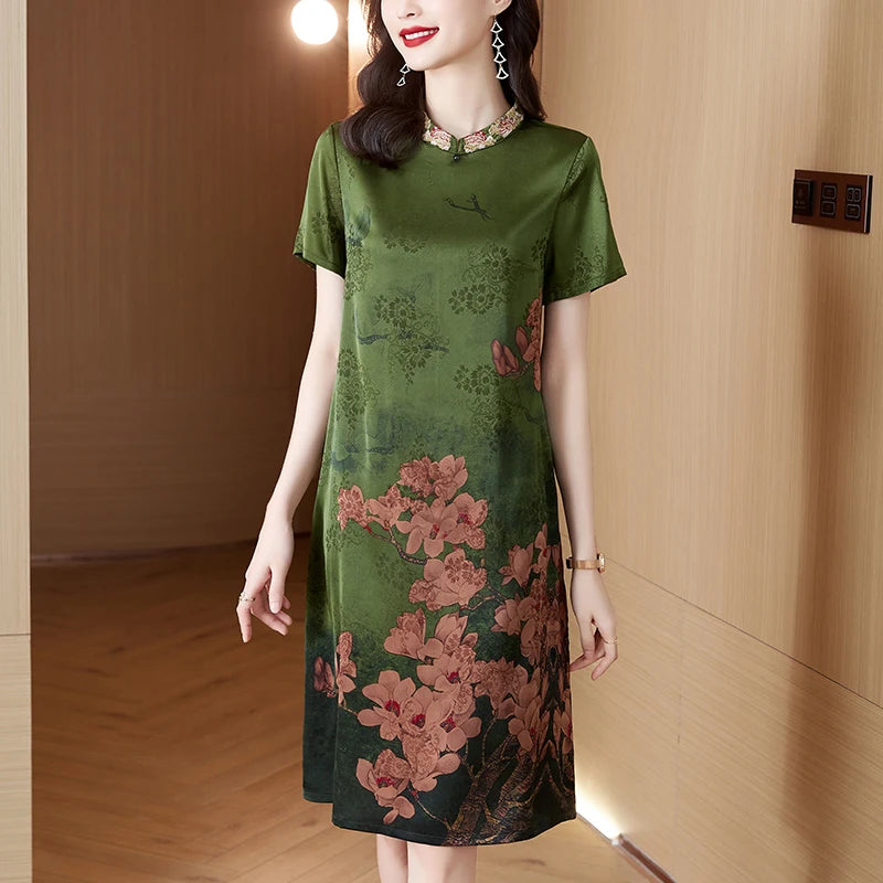 2024 seta floreale manica corta vita allentata vestito Midi donna estate lusso elegante partito abiti coreano Vintage Casual Prom Dress