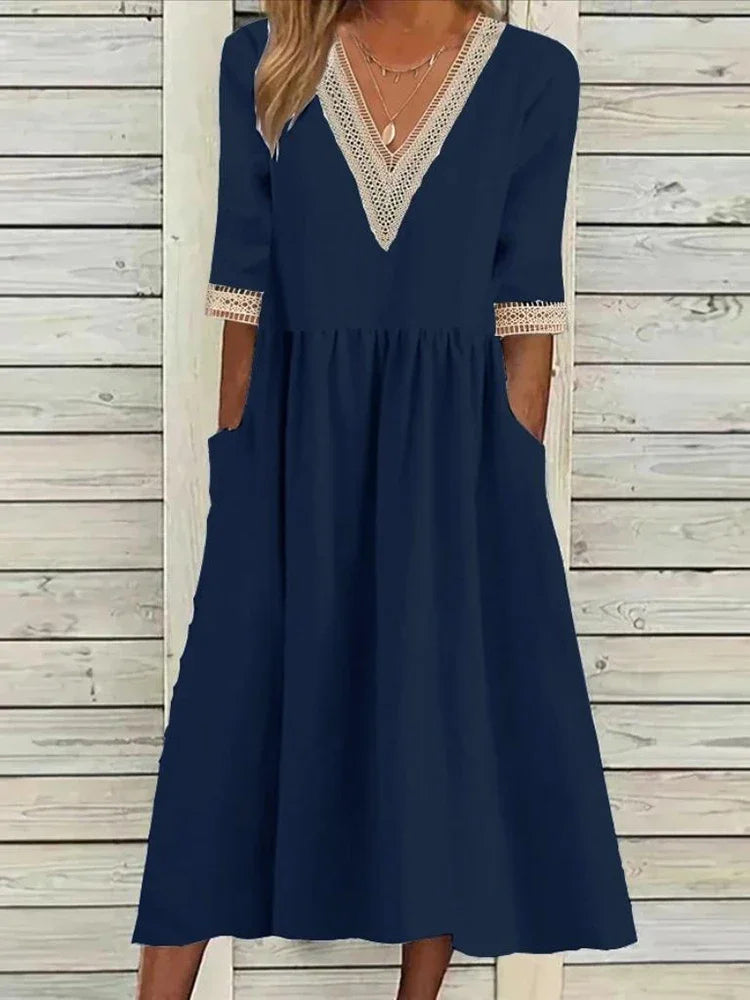 Abito Estivo da Donna 2026 Nuovo in Cotone e Lino a Mezza Manica con Scollo a V, Vestito Casual Chic Vintage con Inserti, Vestito Midi Ampio