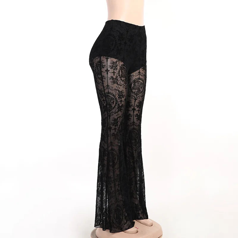 Pantaloni Donna Goth Dark Vintage Floccati Stile Gotico Sexy a Zampa d'Elefante Grunge Trasparenti in Rete a Vita Alta Punk Slim Abbigliamento Alternativo