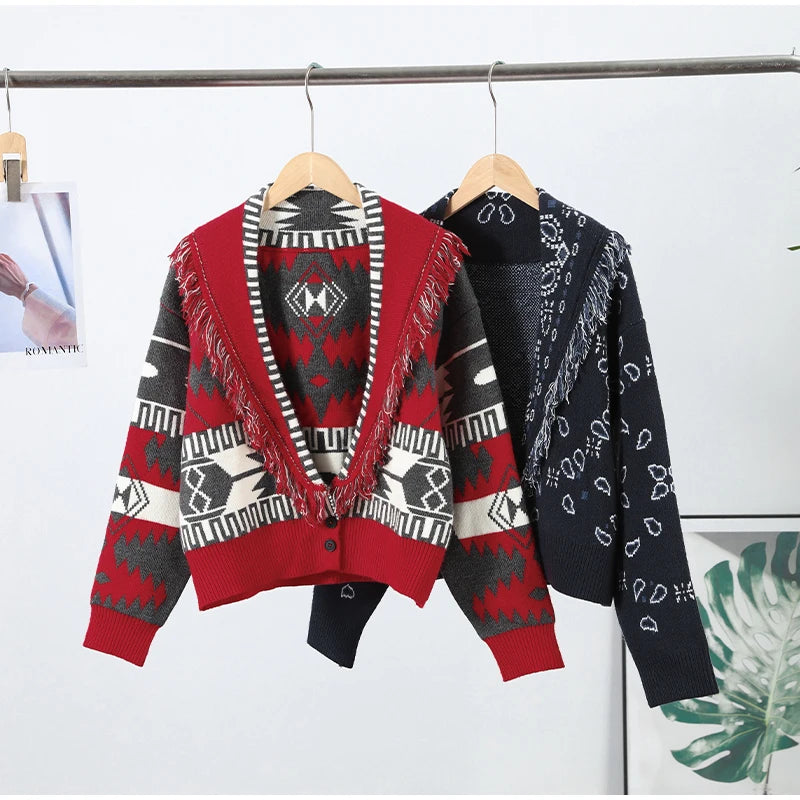Cardigan in maglia con stampa Boho da donna Top con frange e cintura maglione a maniche lunghe con lacci 2025 Nuovo outfit capispalla High Street