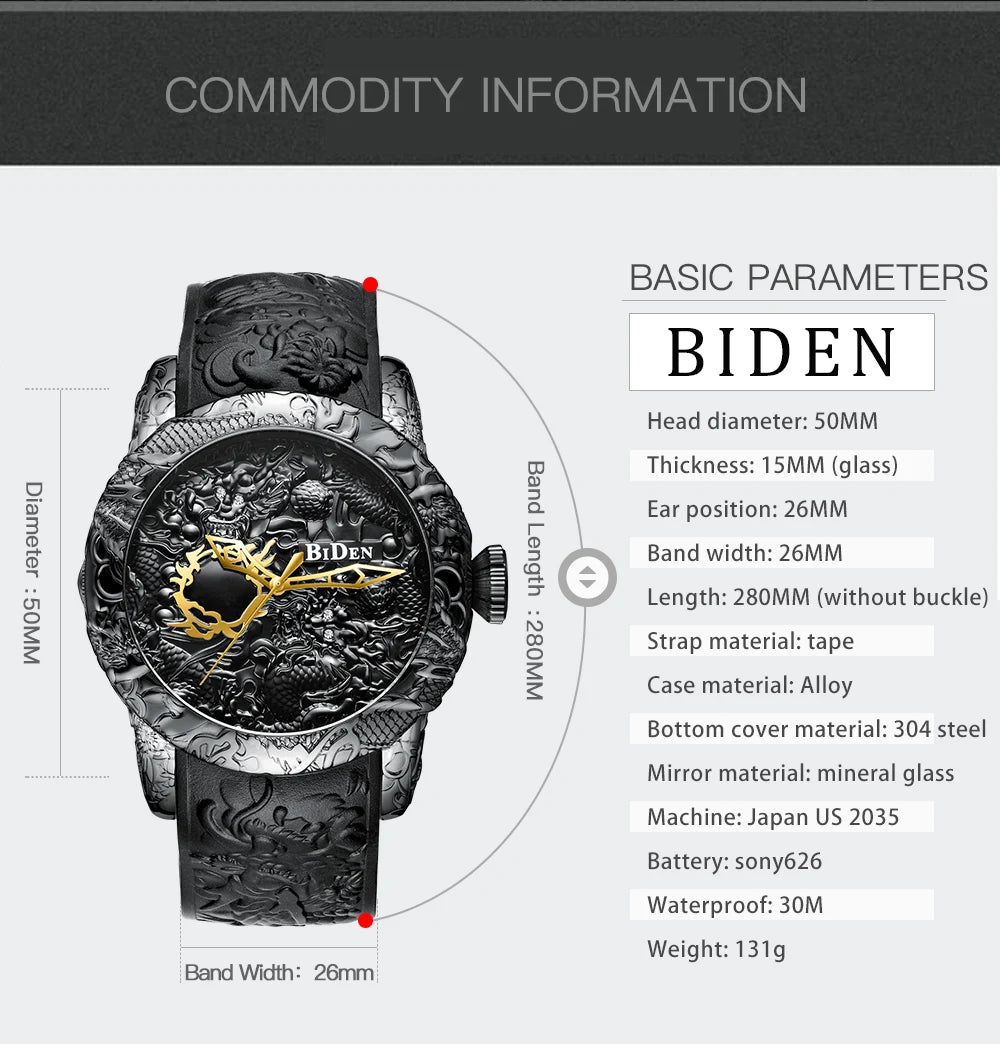 BIDEN impermeabile sport uomo orologi Dragon Design orologio al quarzo per uomo cinturino in Silicone orologio da polso orologio maschile Relogio Masculino