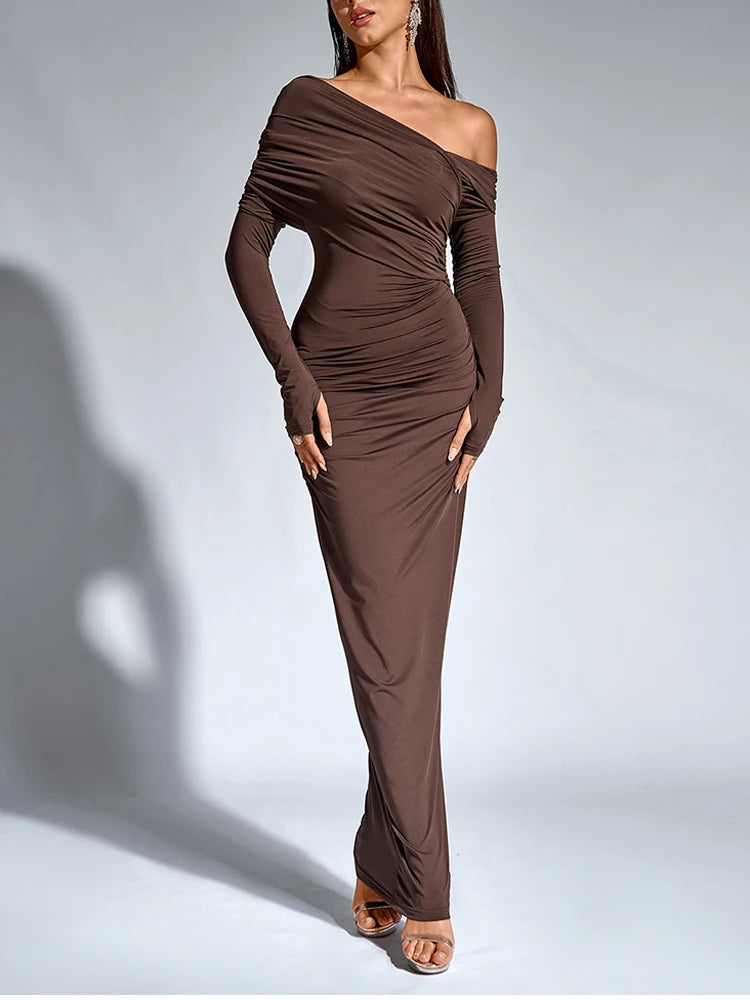 NewAsia Abito lungo da donna a maniche lunghe con collo asimmetrico e monospalla increspato aderente Fashion Club Party Maxi abiti Marrone Autunno
