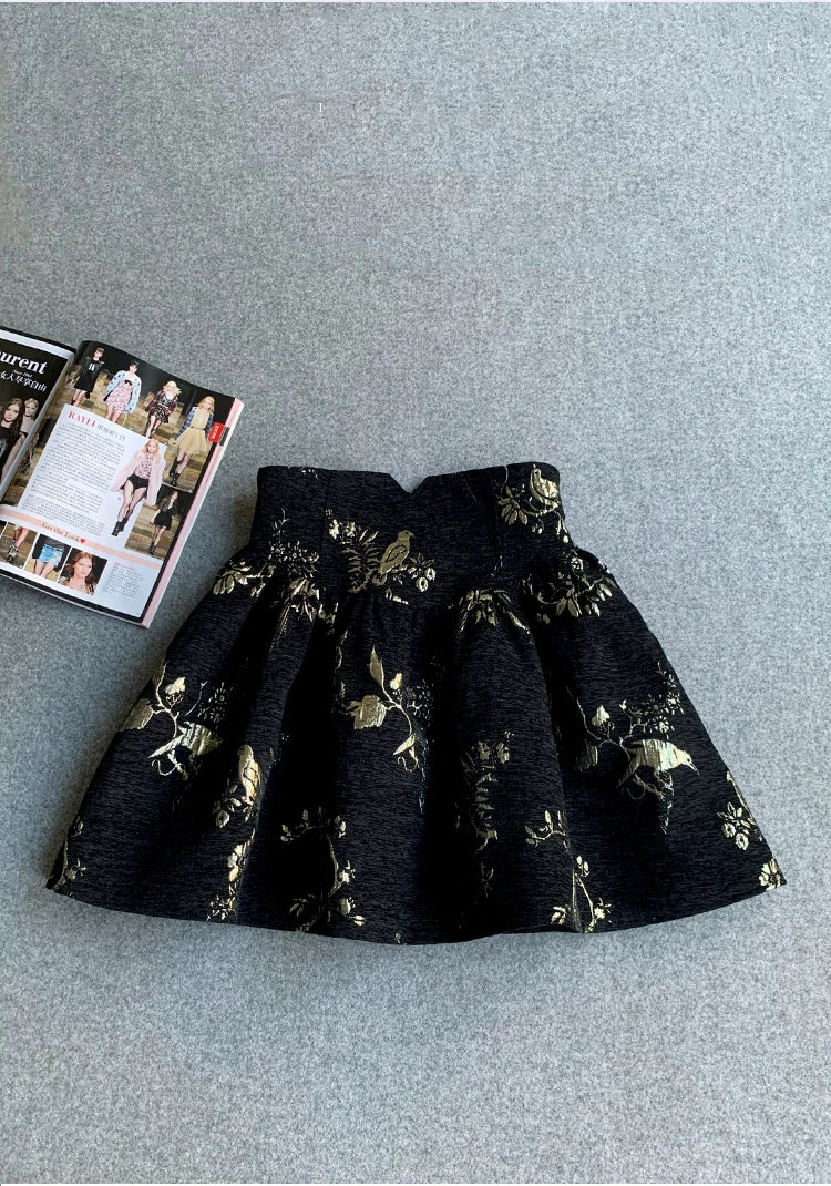 Gonna jacquard oro nero Gonna a trapezio slim fit a vita alta Primavera Estate Nuova gonna corta Gonna da ufficio squisita alla moda