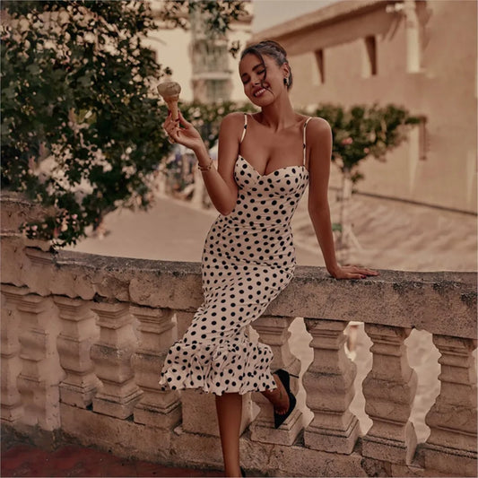 Abito con bretelle a pois Abito estivo da donna nuovo stile senza vita senza maniche Avvolgente sul petto Abito avvolgente a pieghe slim fit Ropa Mujer