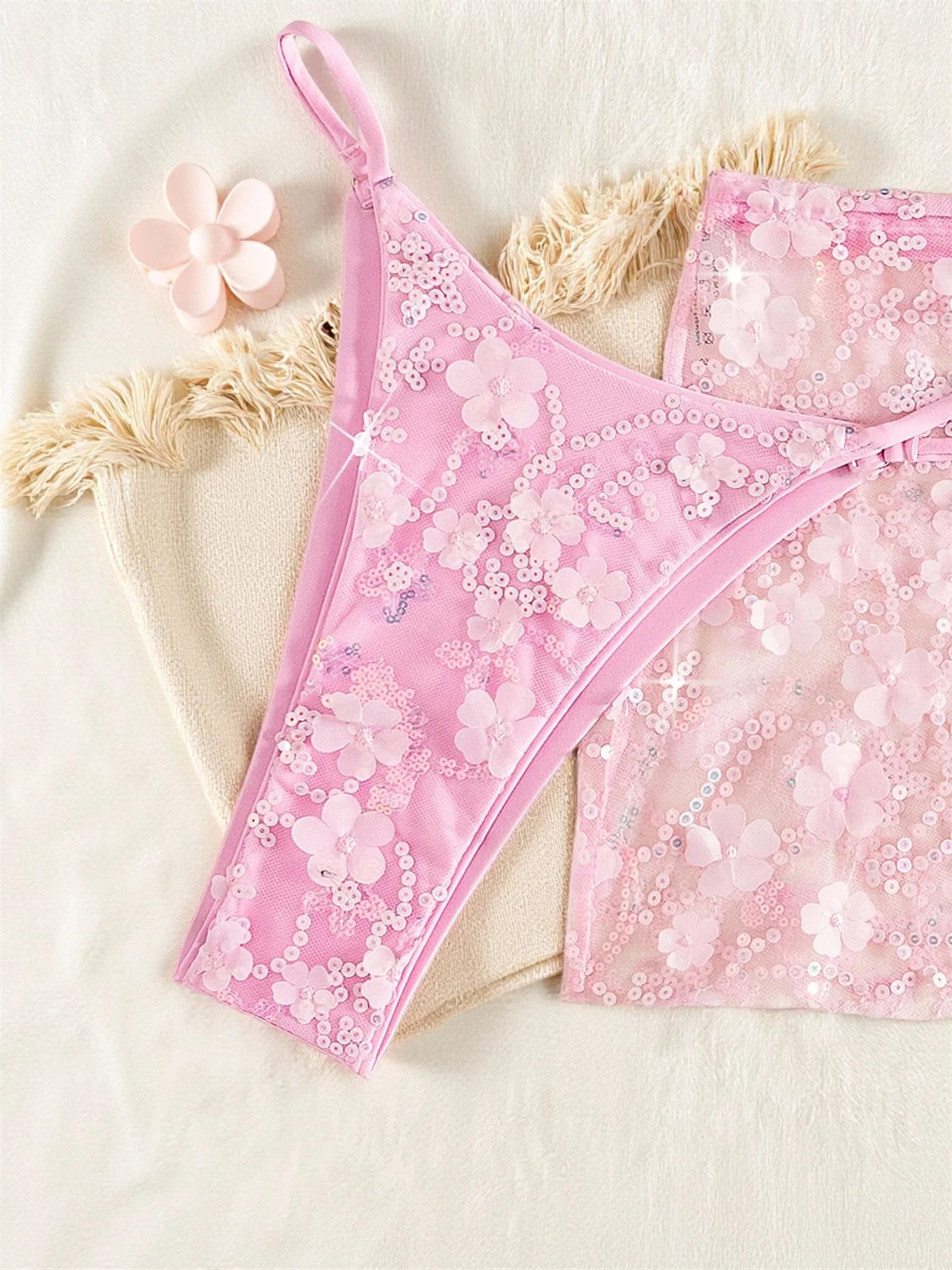 Costume da bagno a 3 pezzi con gonna in rete rosa con paillettes, reggiseno push-up e perizoma, stile brasiliano, per donna, ideale per le vacanze.