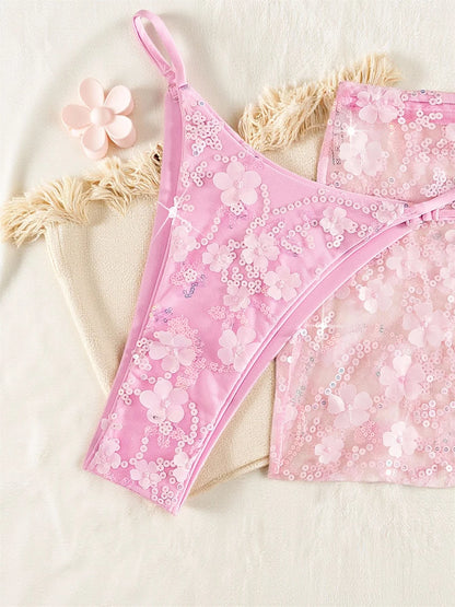 Costume da bagno a 3 pezzi con gonna in rete rosa con paillettes, reggiseno push-up e perizoma, stile brasiliano, per donna, ideale per le vacanze.