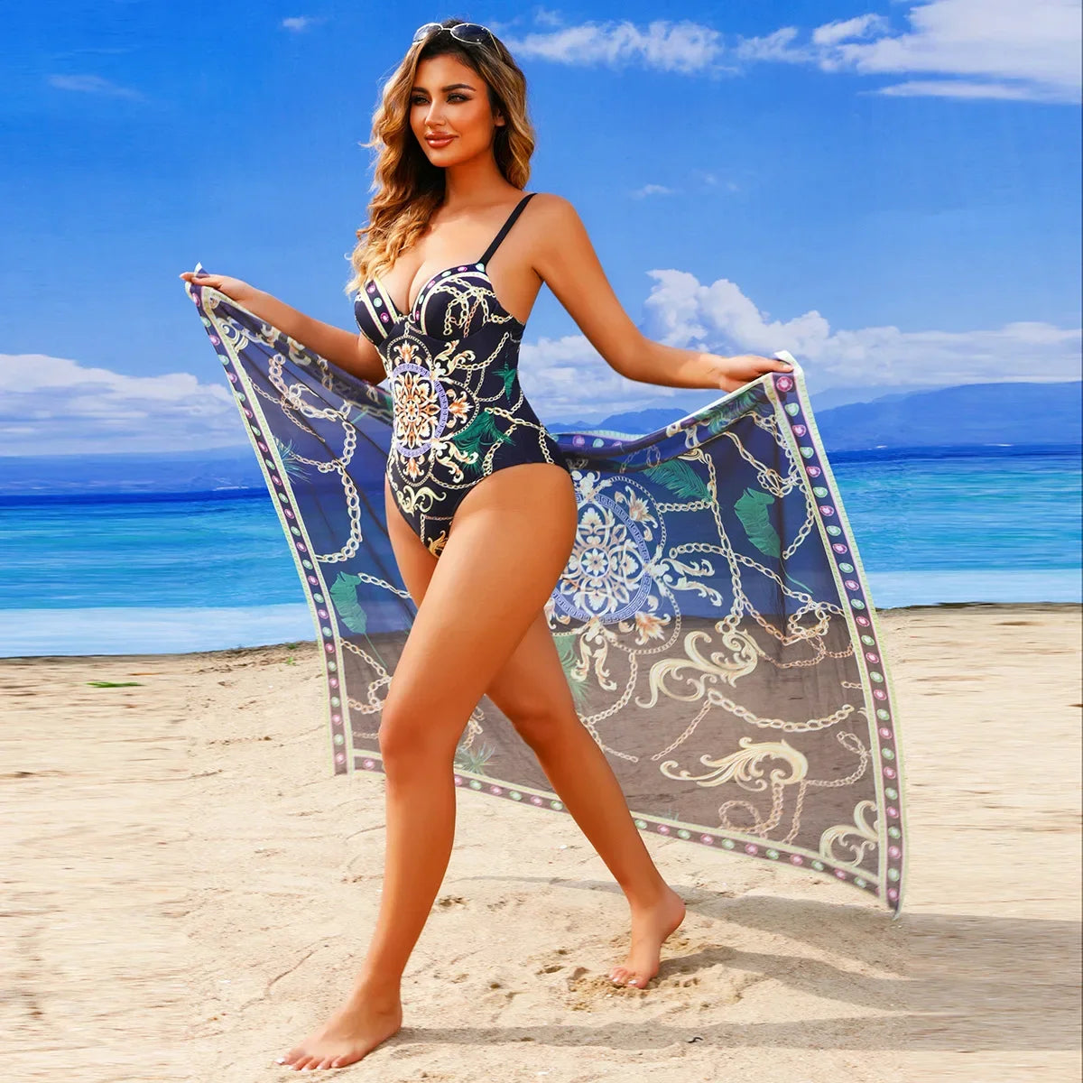2025 New Underwire Women Sexy Swimsuit 2 Pieces Swimwear Slim Monokini Chains Print Push Up Bikinis Black Blue Green Beachwear