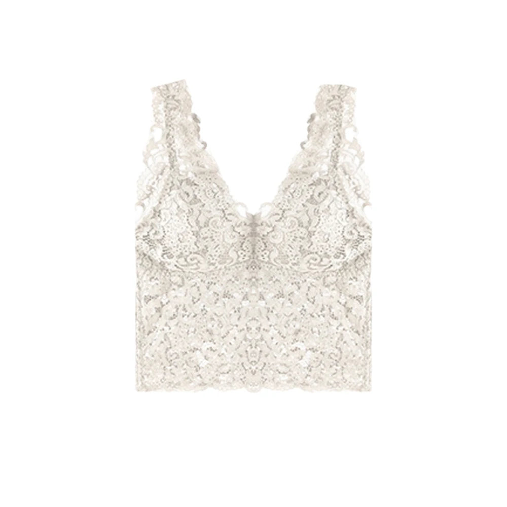 Gilet d'été sexy en dentelle à col en V profond avec coussinets de poitrine, débardeur floral brodé, caraco enveloppant la poitrine, débardeur rembourré court pour femme