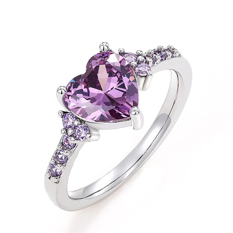 Huitan Anelli con zirconi a forma di cuore viola per le donne Accessori unici per fidanzamento di nozze Fancy Lady Gift Gioielli romantici alla moda