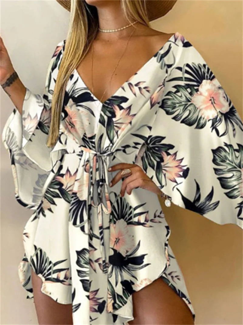 Abito da donna con stampa sexy scollo a V manica a pipistrello con volant fiori stampa Bohemian Beach vestito estivo da donna mini abiti larghi per le vacanze estive