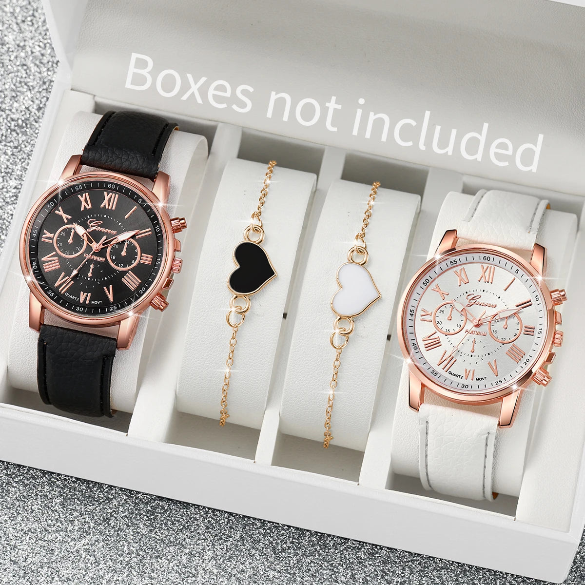4 pezzi moda donna orologi semplice quadrante Roma orologio al quarzo cinturino in pelle da donna orologi da polso braccialetti a cuore set (senza scatola)