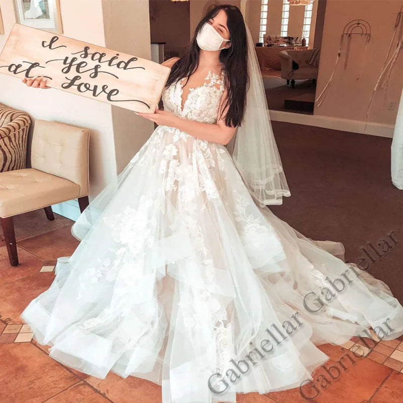 Gabriellar eleganti abiti da sposa a sirena per le spose scollo a V applicazioni tulle volant pieghe al largo della spalla personalizzati