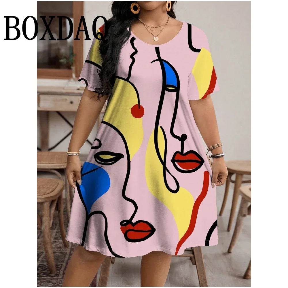 Moda Donna Abbigliamento Linea artistica per il viso Abiti con stampa 3D Abiti estivi larghi taglie forti Abiti casual a trapezio a maniche corte 9XL