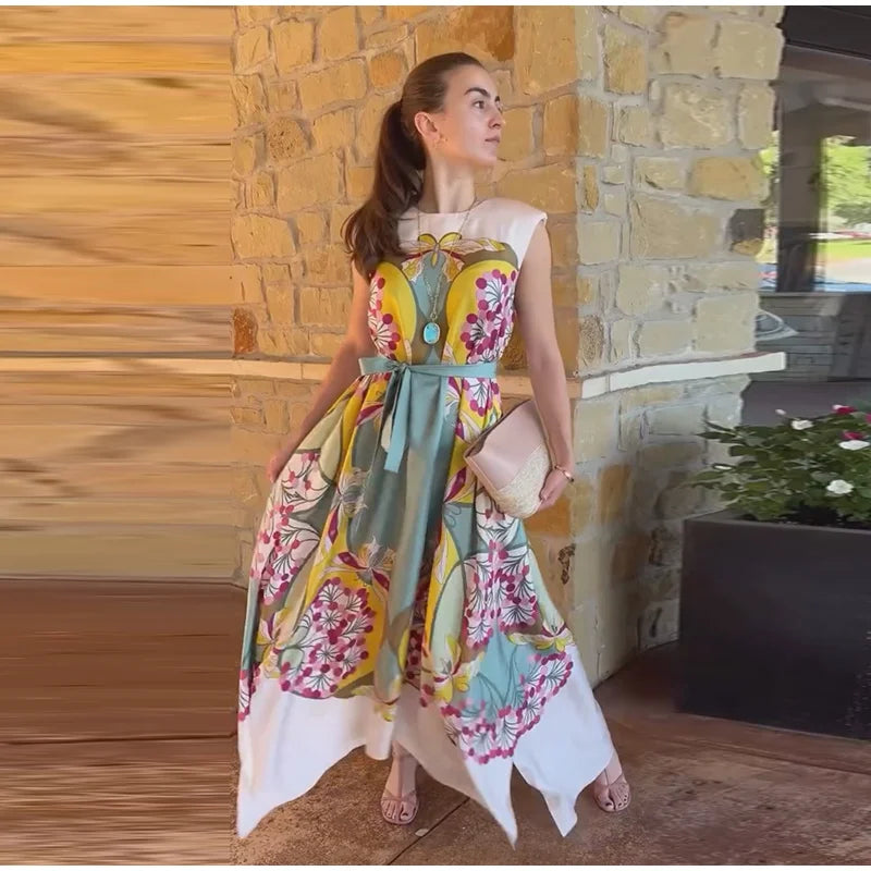 Abito Lungo da Donna con Stampa, Scollo a V, Maniche a Campana, Bordo a Foglia di Loto, Vita Alta, Vestito Maxi Aderente, Elegante Abito da Sera per Feste