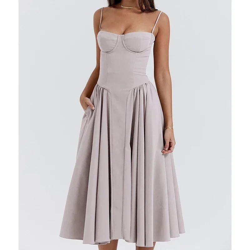 Elegante abito longuette con cinturino per spaghetti da donna Party Slim A Line Solid Bretelle Abiti da donna Nuova moda primavera estate Abiti sexy