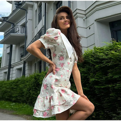 Mini abito con stampa casual Lady Summer Slim bottoni con risvolto Abiti a strati a trapezio Donna Manica corta Abito da vacanza Festa femminile Dolce