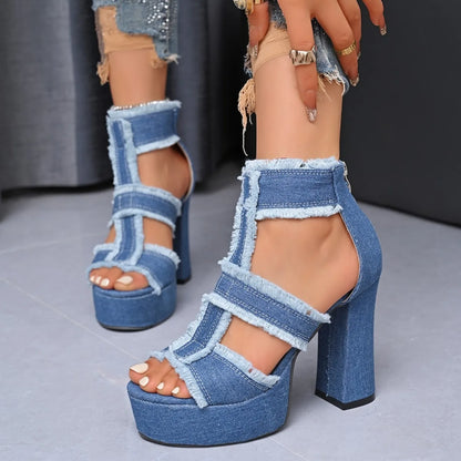 Sandales d'été pour femme Nouvelle plateforme en denim bleu Sangle de cheville Chaussures à talons hauts pour femme Sandales sexy à bout ouvert mode d'extérieur