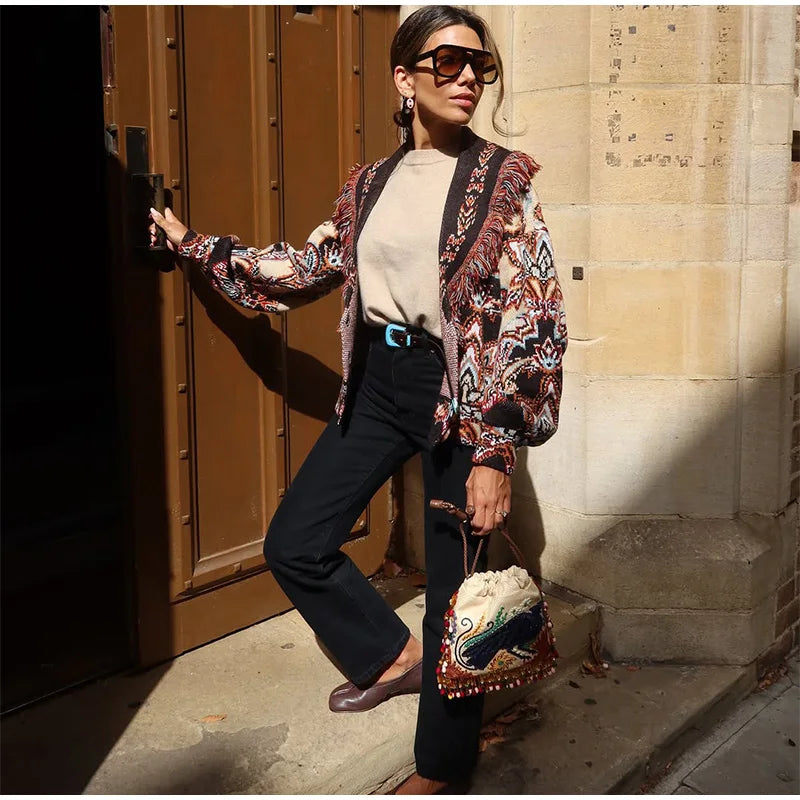 Cardigan in maglia con stampa Boho da donna Top con frange e cintura maglione a maniche lunghe con lacci 2025 Nuovo outfit capispalla High Street
