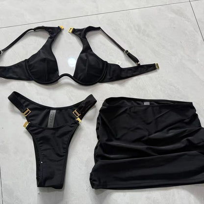 3 Pieces Bikini 2025 Sexy Women Swimsuit Swimwear Female Bikini Set Push Up Beachwear Bathing Suit Skirt wimming Suit Cover Ups