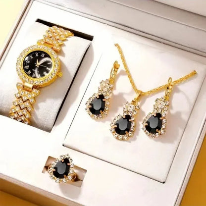 Orologio di lusso dorato da donna anello collana orecchino strass moda orologio da polso Casual da donna bracciale orologi Set di gioielli