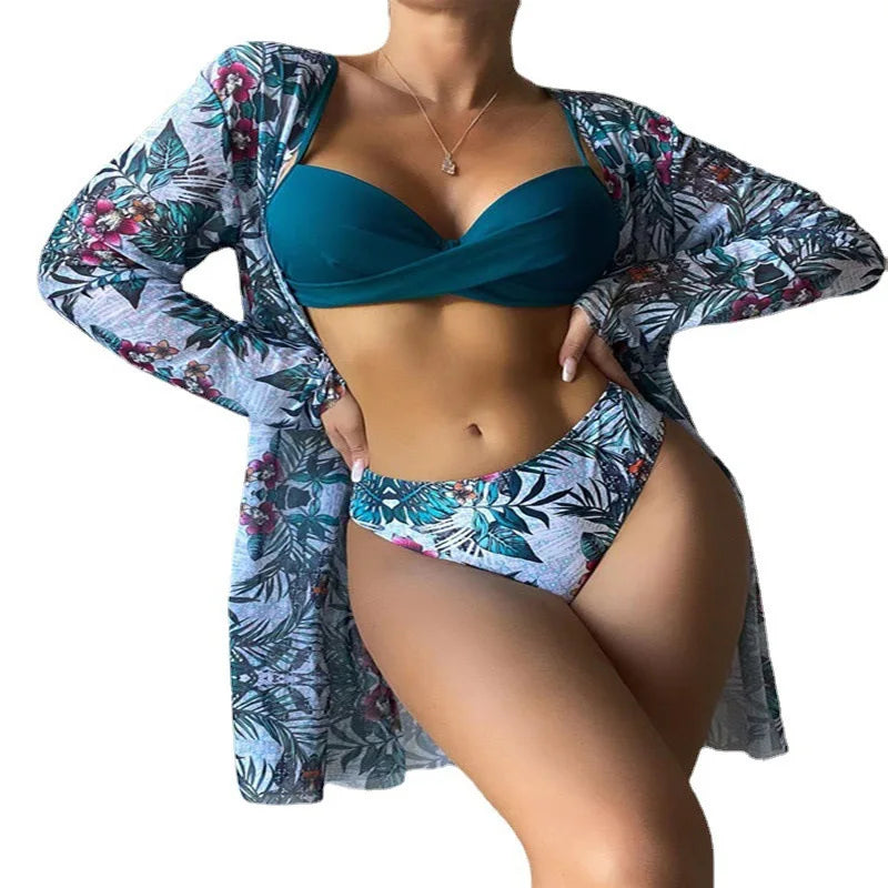 Bohemian Style Print Bikini Sets Women Fashion Sexy Spaghetti Strap Bikini Cardigan Three Piece Sets Beach Vacation Swimsuit