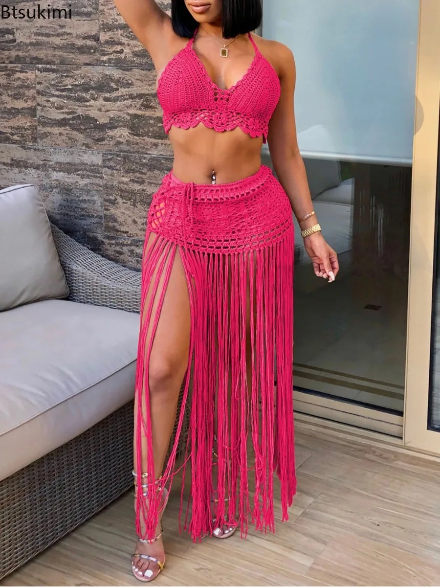 Neue zweiteilige Damen-Badeanzüge Strand-Stil gestrickte Bikini-Oberteile High Waist Quasten lange Röcke weibliche sexy Cover Up Bikini-Sets