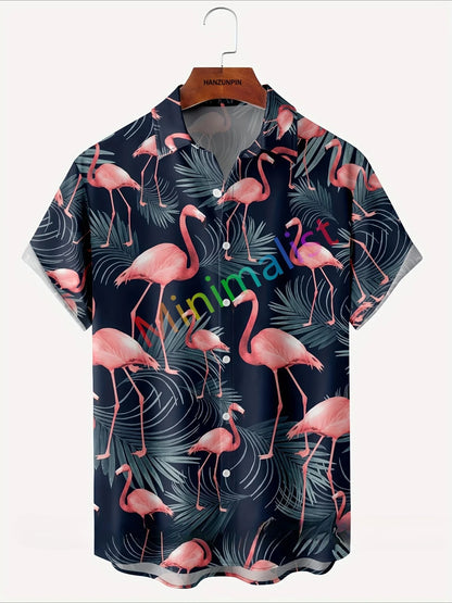 2025 Camicia con stampa foglia e fenicottero per uomo Camicia hawaiana Casual Beach Manica corta Moda Top Camicetta maschile Abbigliamento estivo