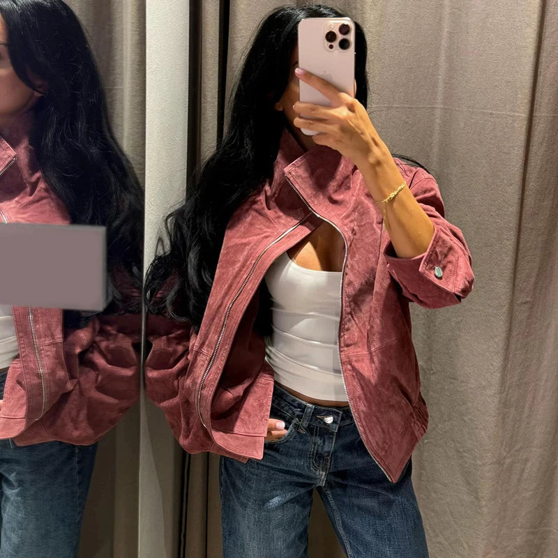 Giacca Bomber da Donna in Finta Pelle Scamosciata, Collo Alto, Chiusura a Zip, Spalle Cadenti, Orlo Elastico, Abbigliamento Casual Autunnale, Cappotto alla Moda 2026