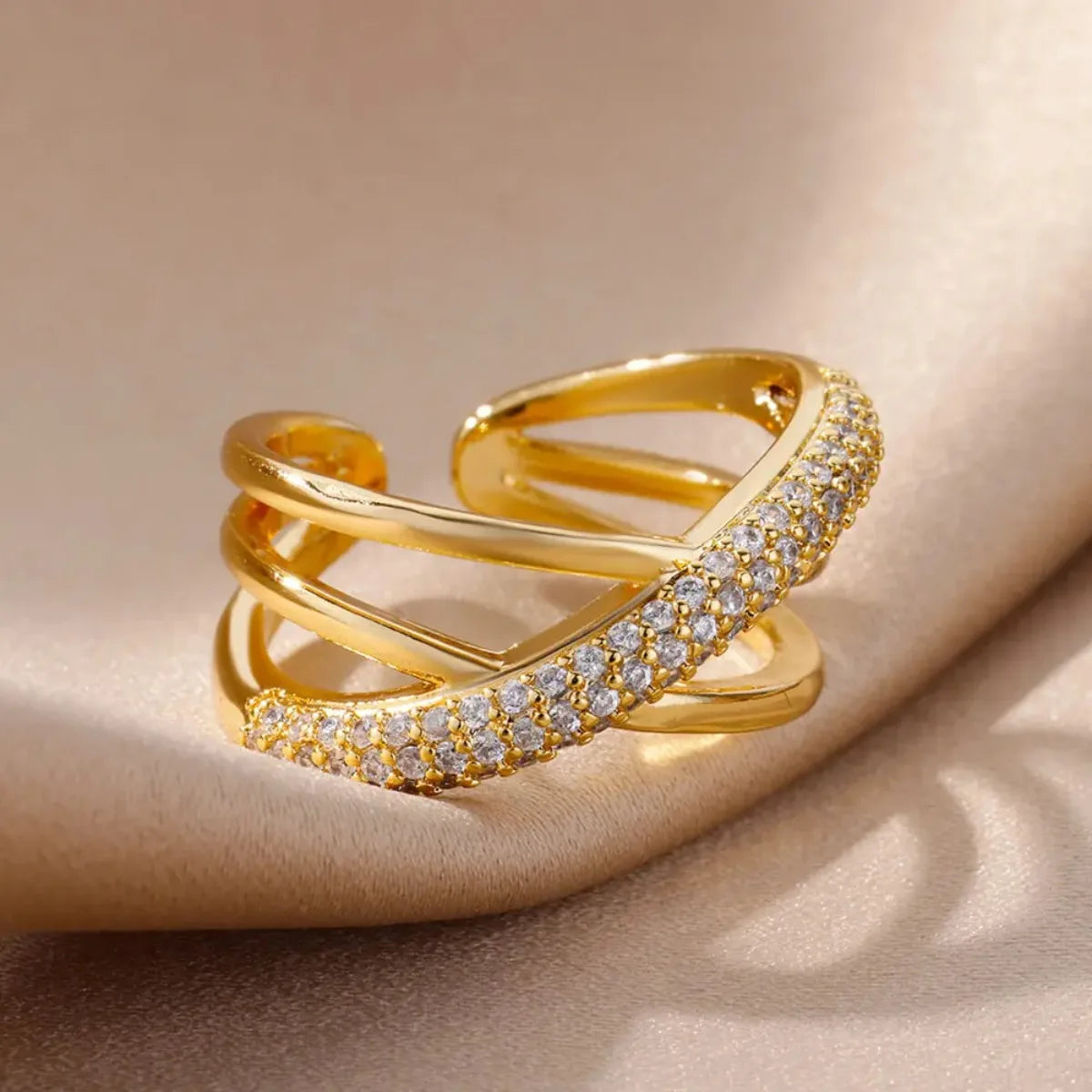 Anelli a forma doppia incrociata con zirconi per donna Anello croce in acciaio inossidabile placcato oro Anelli per coppie di nozze di lusso Gioielli estetici