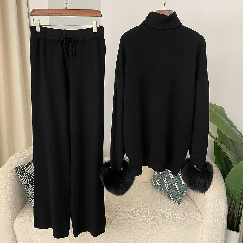 2024 nuova moda autunno inverno polsini in vera pelliccia di volpe naturale cappotto maglione lavorato a maglia pantaloni lunghi da donna set giacca spessa calda