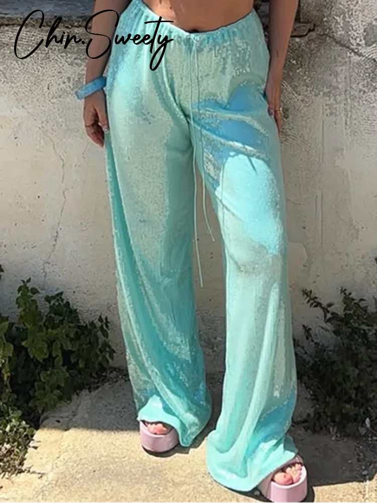 Pantaloni da donna trasparenti con perline alla moda Pantaloni elastici in vita a gamba larga Party Club Pantaloni marroni 2025 Primavera Estate Lady Capispalla larghi