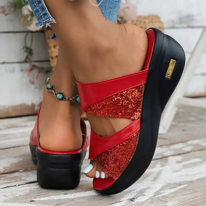 Pantofole con zeppa da donna piattaforma glitterata sandali comodi pantofole Casual con Sling Backs nuove scarpe estive per le donne diapositive da donna