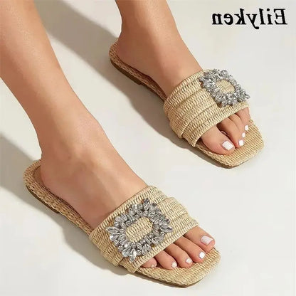 Eilyken Estate Glitter Strass Pantofole da donna Diamante brillante Fondo piatto Canna Sandali di cristallo Scivoli da spiaggia Scarpe Zapatos muje