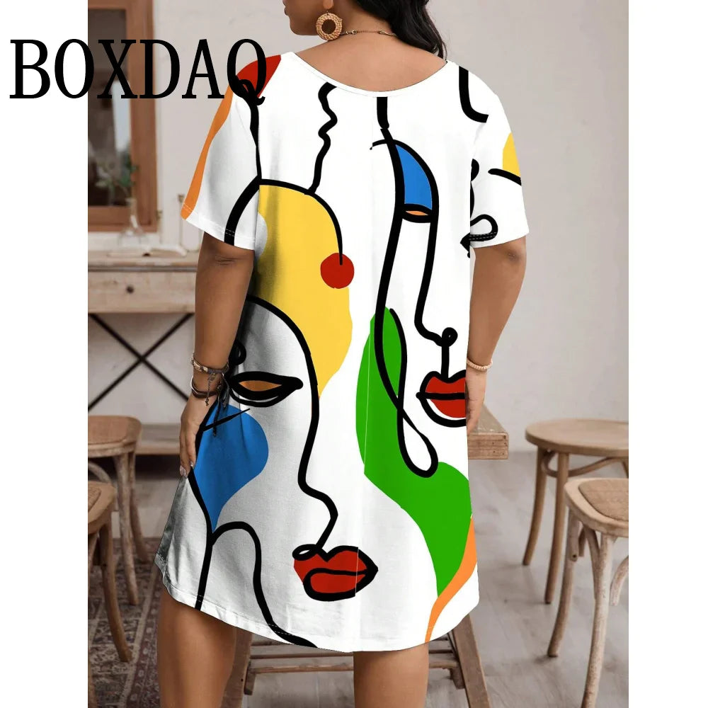 Moda Donna Abbigliamento Linea artistica per il viso Abiti con stampa 3D Abiti estivi larghi taglie forti Abiti casual a trapezio a maniche corte 9XL