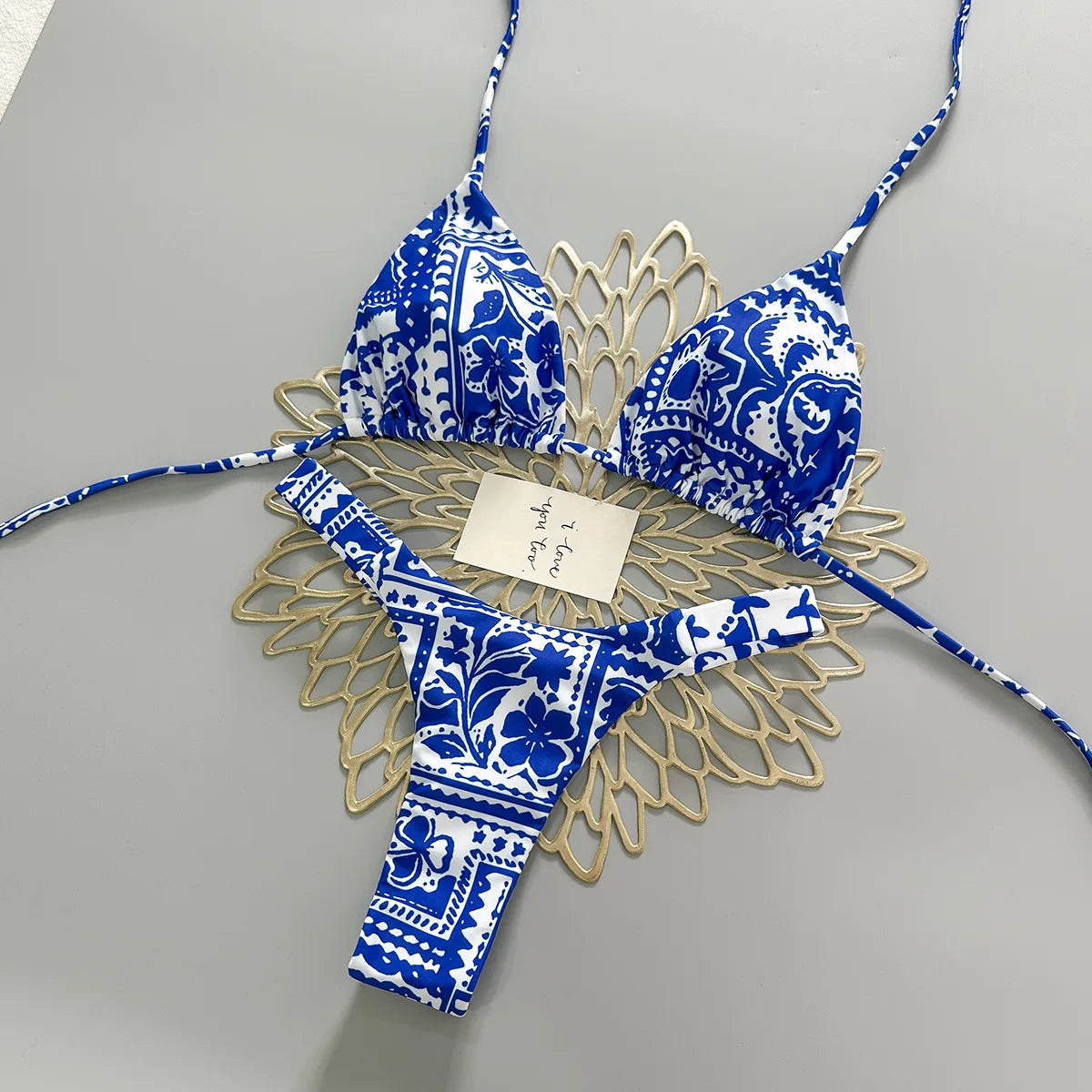 2026 Blue and White Porcelain Printed Bikini Neck Triangle Cup Split Swimsuit Women's Beach Holiday Swimsuit