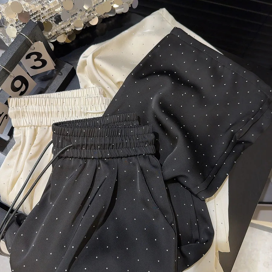 2026 Pantaloni a gamba larga con strass pieni di lusso di alta qualità Moda nuovi pantaloni dritti a vita alta con coulisse Pantaloni casual da donna
