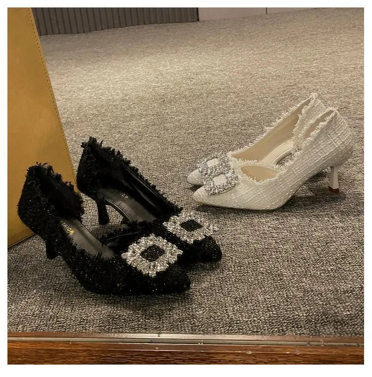 Stiletto Heels 2024 White Wedding Shoes Fashion Pointy Square Button Rhinestone Sandals Temperament Women's Women's Shoes