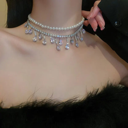 Collane girocollo di lusso con strass e cristalli per donna, collana a più strati con perle finte per feste e matrimoni, gioielli K-