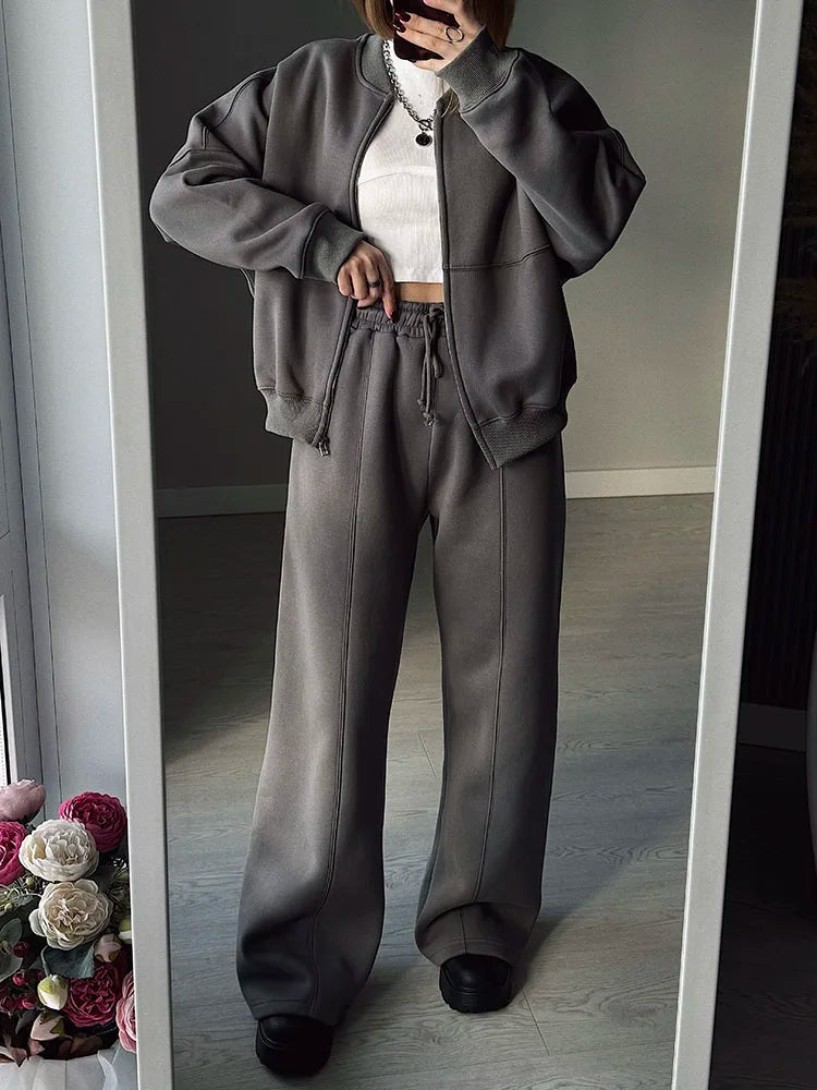 Abito caldo per le donne Pantaloni sportivi Set Inverno 2 pezzi Giacca e pantaloni in pile spesso con cerniera Set Tuta da donna in velluto per le donne