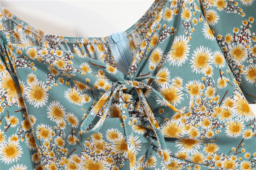 Mini abiti da donna Moda estiva Abiti femminili Stampa Abiti in chiffon floreale Abito casual con maniche corte a pieghe arricciate