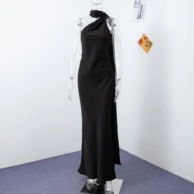 Abito Lungo Sexy Senza Maniche con Nastro, Elegante Vestito da Donna Slim in Raso con Schiena Scoperta e Lacci, Abito da Festa alla Moda 2026, Tinta Unita, per Vacanze, da Donna
