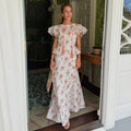 Abito Lungo da Donna con Stampa, Scollo a V, Maniche a Campana, Bordo a Foglia di Loto, Vita Alta, Vestito Maxi Aderente, Elegante Abito da Sera per Feste