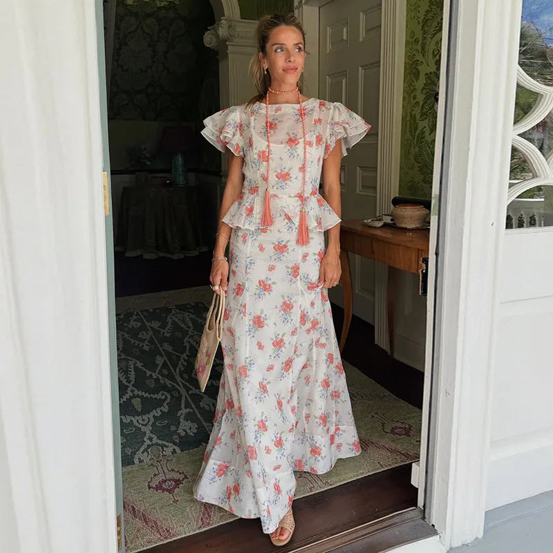 Abito Lungo da Donna con Stampa, Scollo a V, Maniche a Campana, Bordo a Foglia di Loto, Vita Alta, Vestito Maxi Aderente, Elegante Abito da Sera per Feste
