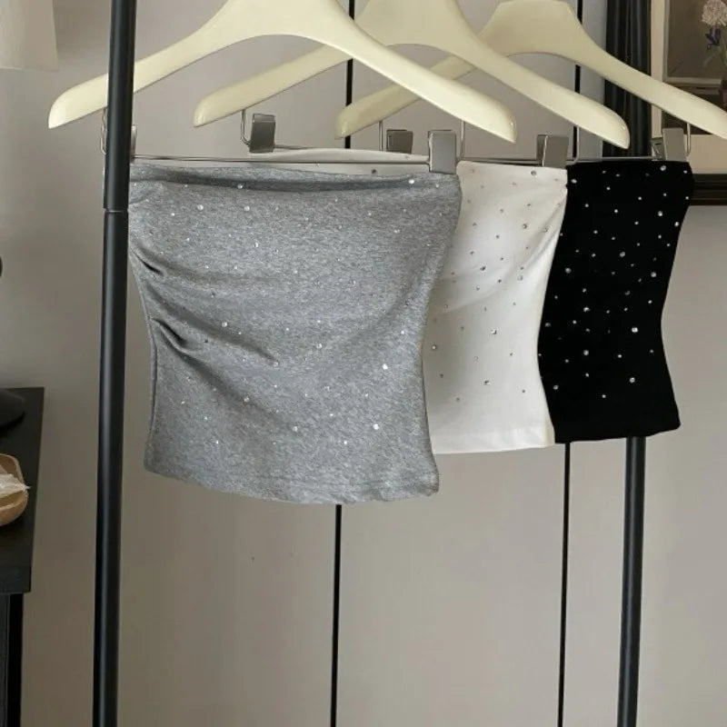 Summer Sexy Tube Top Camisole for Women Black Fashion Diamond Strapless Top 2026