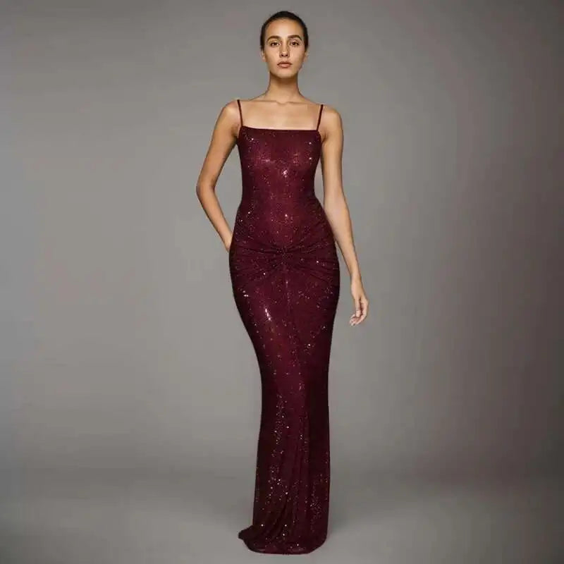 DEAT Moda Grigio Hot Drilling Spaghetti Strap Dress Donna Slim Fit Backless Pieghe Split Abiti lunghi fino al pavimento Nuova marea 7AB8510