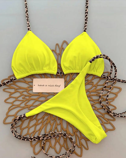 Sexy Bikini Women's Swimsuit Strap Halter Neck Triangle Cup Beachwear Pure Color Cheeky Two Piece Swimsuits Bathing Swimwear