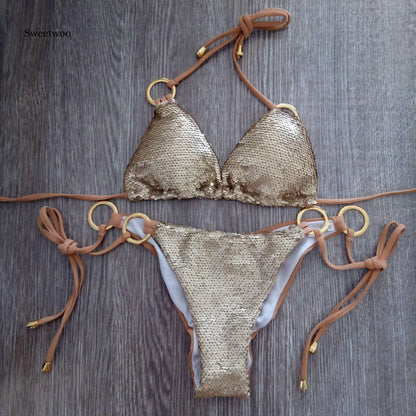 Solid Bikini Sexy Swimsuit Halter Swimwear Bathing Suit Women Bling Sequin Bikini Set Beach Wear Dropshipping Monokini Glitter