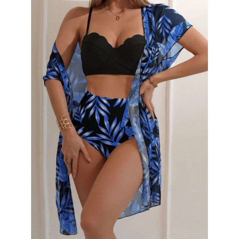 Elegante stampa 3 pezzi bikini set costume da bagno donna vintage bikini a vita alta maglia cover up 2025 nuovo costume da bagno biquini femminile